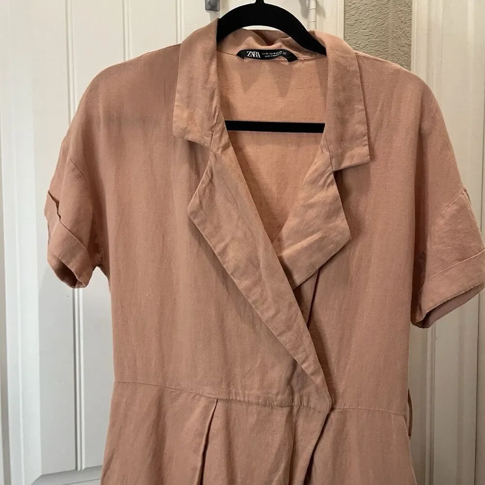 Zara Light Pink Linen Blend Collared Snap Button Jumpsuit Jumper Coverall Size M